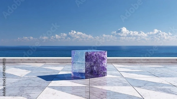 Obraz Translucent cube rests on marble terrace overlooking ocean under blue sky