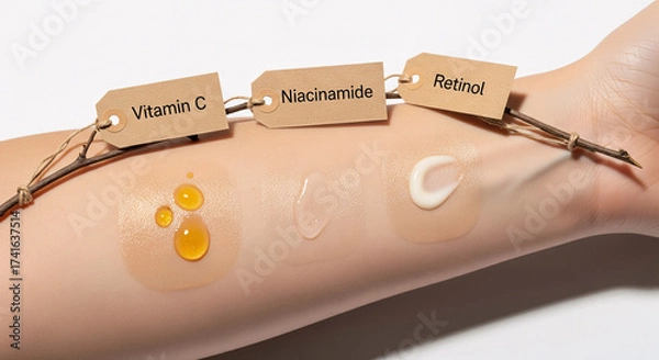 Fototapeta Skincare active ingredients comparison. Swatches showing the different cosmetic textures of Vitamin C, Niacinamide, and Retinol serums and cream on skin, labeled for a beauty science and dermatology