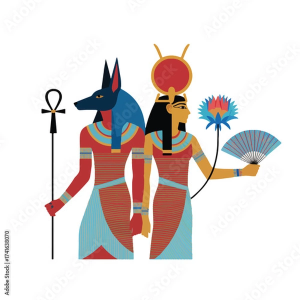 Fototapeta Egyptian Gods Anubis and Hathor in a Modern Flat Design, a Stylized Illustration of Mythological Deities, Cultural Icons from the Ancient Nile Valley Civilization