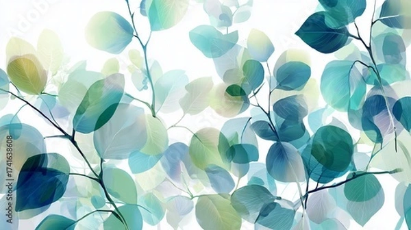 Obraz Translucent leaves overlap in cool hues against a bright white background