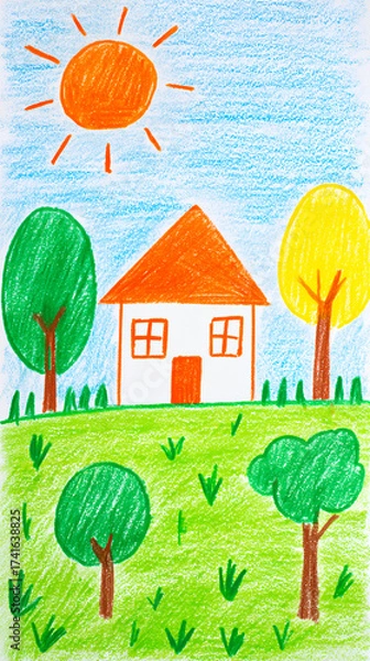 Fototapeta Brightly colored drawing of a house surrounded by trees and a sunny sky on a cheerful day in a peaceful landscape. Naive childish illustration.