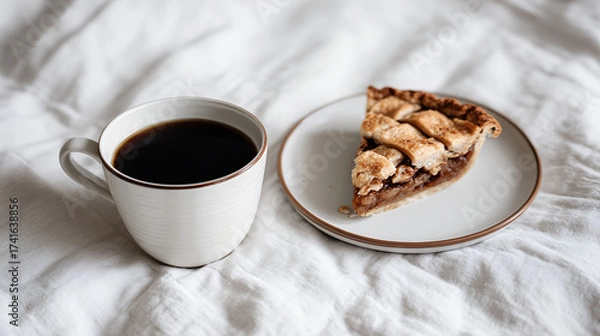 Fototapeta Enjoying a slice of apple pie with a cup of black coffee on a cozy blanket. Minimalist breakfast.