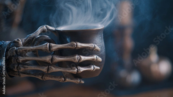 Fototapeta Skeleton hand holding a steaming cup in a dark, mystical setting with blurred Halloween background objects creating an eerie atmosphere