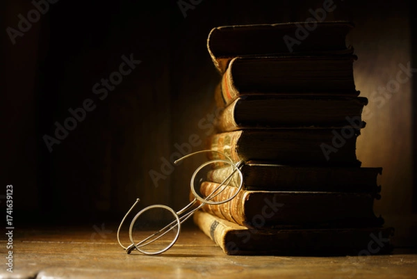 Fototapeta Vintage round spectacles with stack of antique books. A pile of old books on wooden table. Vintage still life, education concept