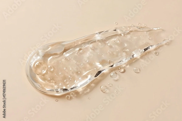 Fototapeta Skincare gel with flowing texture and bubbles on a pastel surface.