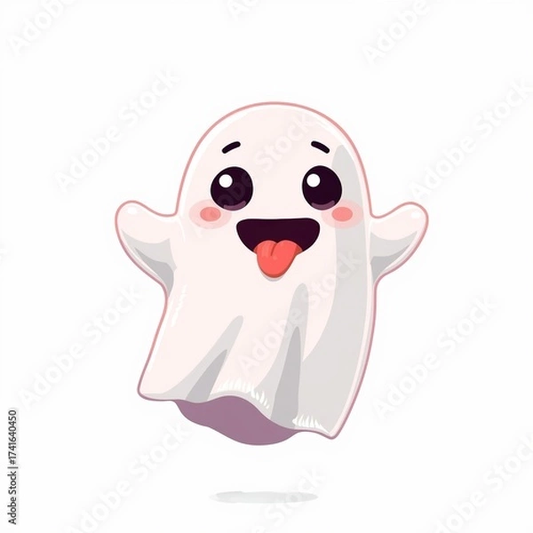 Fototapeta Cute cartoon ghost character with a playful expression and tongue out on a white background