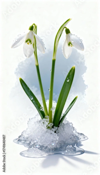 Fototapeta Snowdrops blooming through melting snow with water droplets on petals, symbolizing spring and renewal