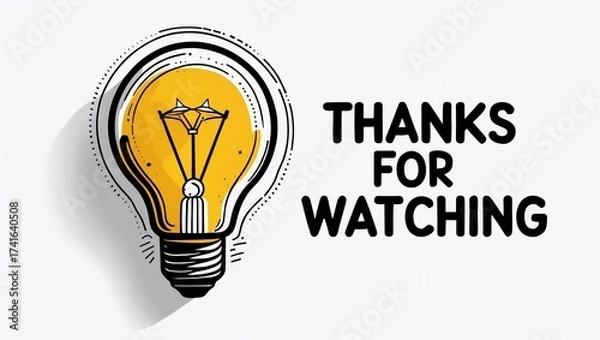 Fototapeta Illustration of a yellow light bulb with text "THANKS FOR WATCHING" on a white background