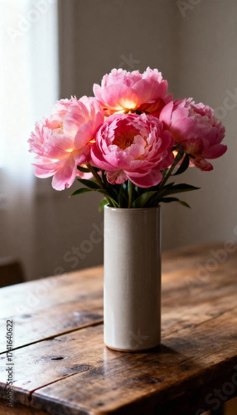 Fototapeta Elegant pink peonies in a minimalist ceramic vase on a rustic wooden table in soft natural light