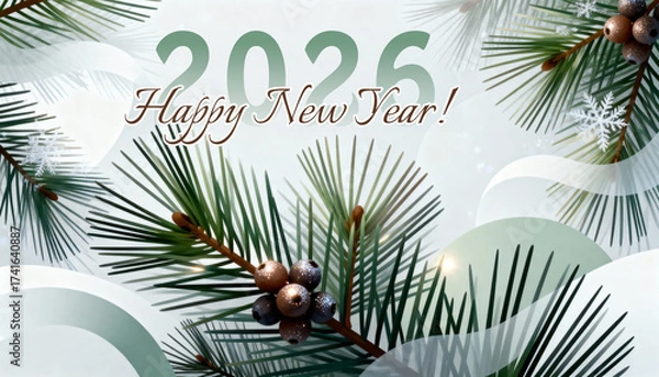 Fototapeta Festive New Year 2026 greeting card with pine branches, ornaments, snowflakes, and text "Happy New Year!" on a light background