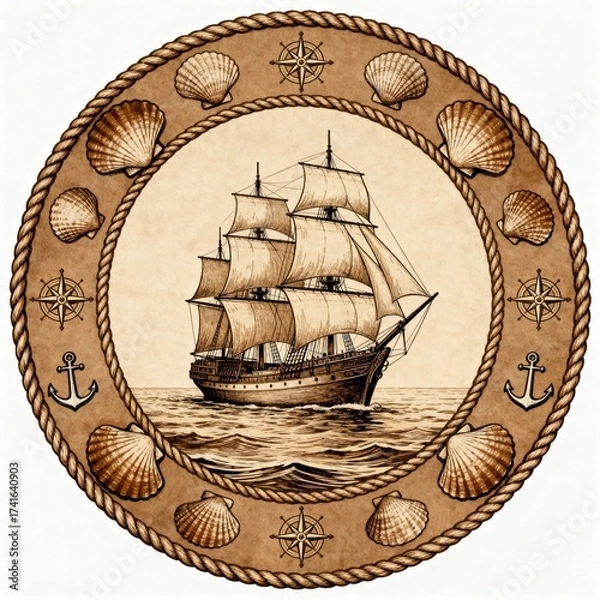 Fototapeta Vintage nautical illustration of a sailing ship surrounded by seashells, anchors, and rope border in sepia tones