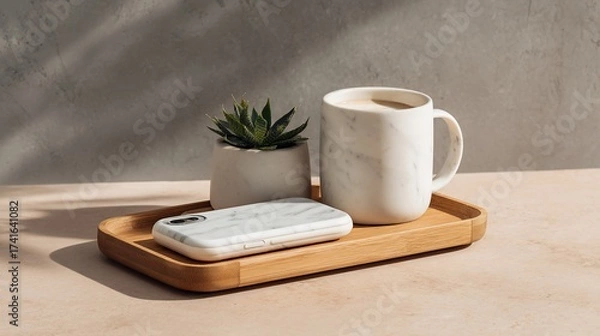 Obraz Tray with coffee, plant, and phone case; sunlight shadows backdrop