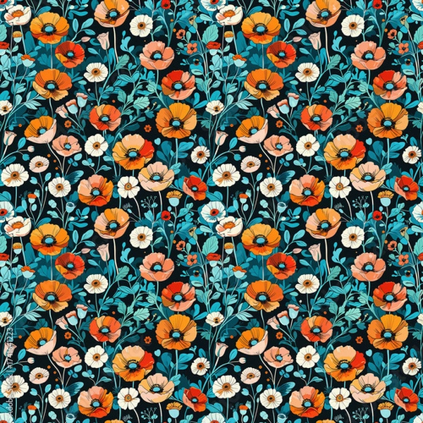 Fototapeta Seamless floral pattern with colorful poppies and leaves on dark background