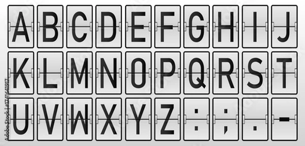 Fototapeta White capital alphabet letters. Retro font text symbols. Computer monitor characters, airport or station scoreboard typescript. Vector EPS 10