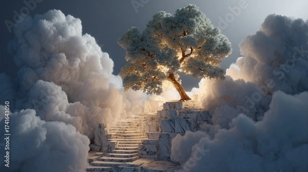 Obraz Tree atop cloud-surrounded stairs, bathed in light, against a dim sky