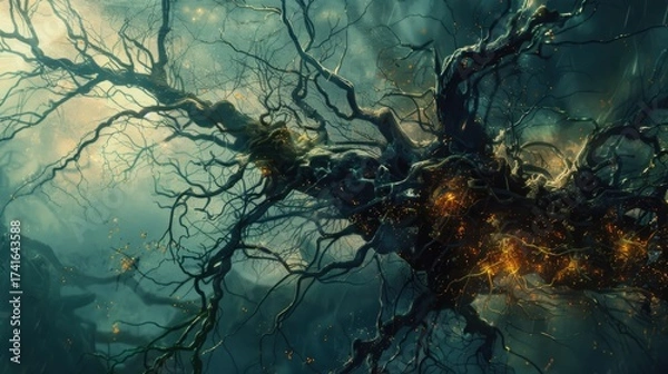 Fototapeta Neural connections and connections. An abstract digital network with glowing connections and nodes on a dark background.