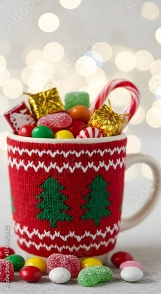 Obraz A cozy knitted print cup filled with colorful Christmas candies placed in front of a soft white bokeh background, evoking warmth, festive cheer, and the joyful spirit of the holiday season