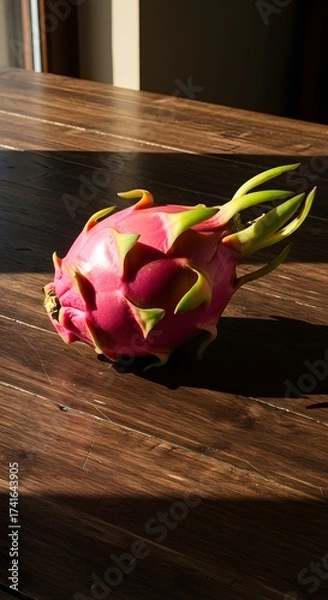 Obraz Vibrant pink dragon fruit placed on a rustic wooden table, showcasing its bright color, unique texture, and tropical freshness in a natural, organic, and visually striking composition