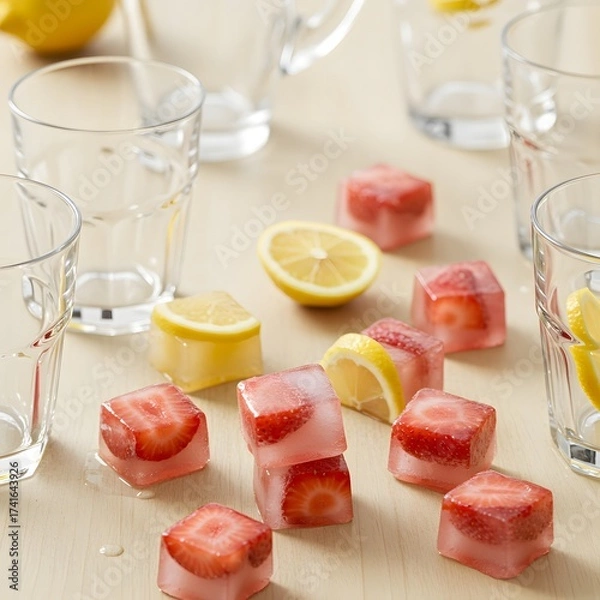 Obraz Flat lay composition of handmade ice cubes infused with fresh strawberry and lemon slices, perfect for refreshing summer drinks, showcasing vibrant colors, natural freshness.