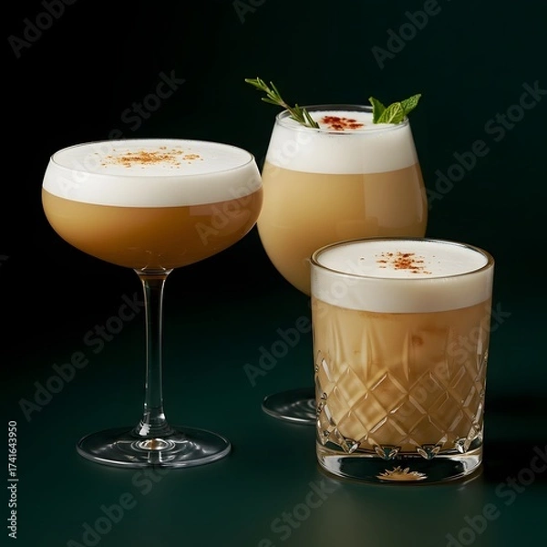 Obraz Elegant cream cocktails served in stylish glasses against a dark green background, highlighting smooth textures, rich tones, and a luxurious atmosphere perfect for festive or sophisticated celebration