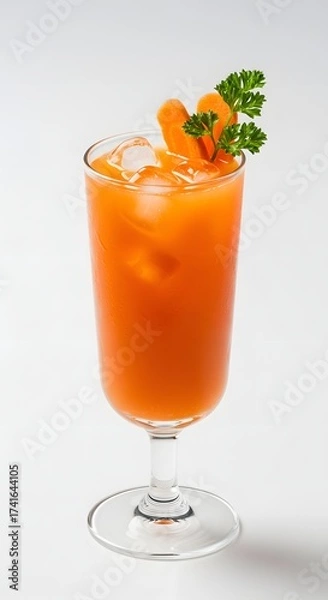 Obraz Fresh carrot cocktail served in a clear glass on a white background, showcasing its vibrant orange color, natural ingredients, and refreshing, healthy appeal perfect for wellness and detox themes