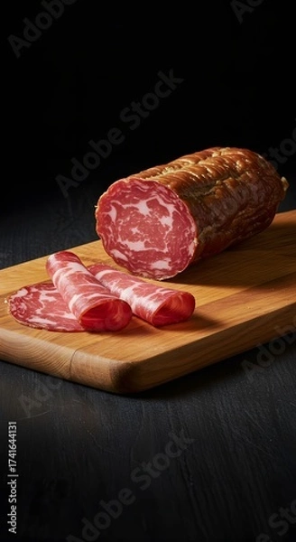 Obraz Thin slices of smoked bresaola arranged on a rustic cutting board atop a wooden table, showcasing rich color, fine texture, and the artisanal quality of this traditional cured meat
