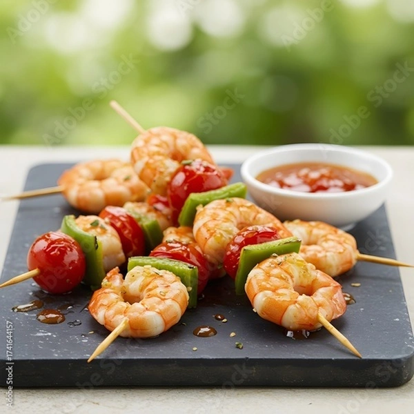 Obraz Delicious party food featuring grilled prawn skewers served with a vibrant sweet chili sauce, highlighting juicy seafood flavor, appetizing color, and an inviting festive presentation perfect 