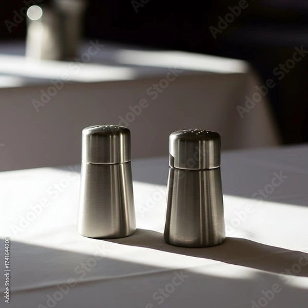 Obraz Two elegant shakers placed on a restaurant table, capturing a minimalistic dining atmosphere with soft lighting, refined details, and a focus on simplicity and modern table setting aesthetics