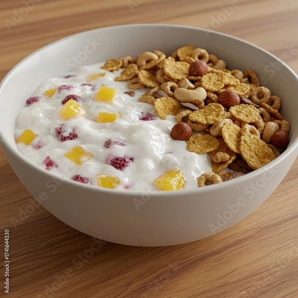 Obraz Homemade yogurt topped with delicious cereals in a bowl placed on a wooden table, creating a conceptual photo that highlights a healthy, natural, and tasty breakfast full of freshness and nutrition