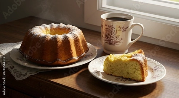 Obraz Cute homemade yeast cake served with a cup of coffee in elegant porcelain, showcasing warm tones, soft texture, and the cozy charm of a comforting homemade dessert moment