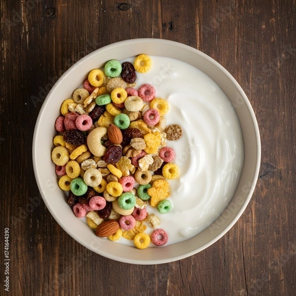 Obraz A bowl of homemade yogurt with crunchy cereals on a rustic wooden table, capturing the essence of a healthy and delicious breakfast that blends freshness, simplicity, and wholesome nutrition