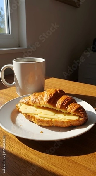Obraz Cozy morning breakfast featuring a buttery croissant, fresh cheese, and a steaming cup of hot coffee, capturing the warmth, comfort, and simple elegance of a perfect start to the day