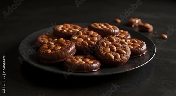 Obraz Close-up photography of chocolate Florentines cookies topped with almonds and drizzled chocolate, elegantly arranged on a plate over a black table, highlighting rich textures and gourmet dessert 