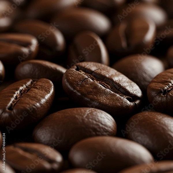 Obraz Close-up view of roasted brown coffee beans, showcasing their rich texture, glossy surface, and deep aroma, creating a warm espresso-inspired wallpaper that embodies energy, caffeine.