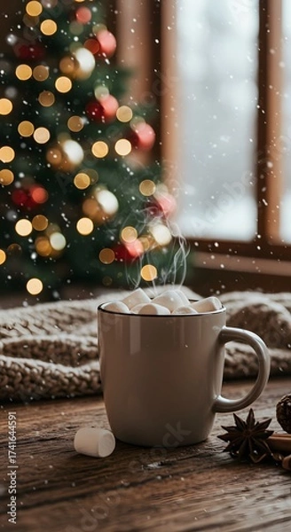 Obraz Cozy winter holiday scene featuring a cup of hot chocolate topped with marshmallows on a wooden table, capturing the warmth, sweetness, and festive spirit of Christmas and wintertime comfort