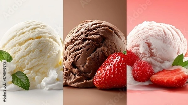 Obraz Trio of ice cream scoops vanilla, chocolate, strawberry with fruit garnish