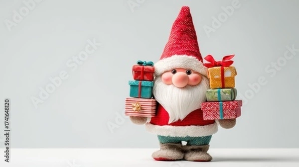 Fototapeta Jolly Gnome character in festive dress, presenting wrapped gifts. Shopping time.