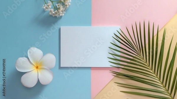 Obraz Tropical flatlay white card, frangipani, greenery on split pastel background