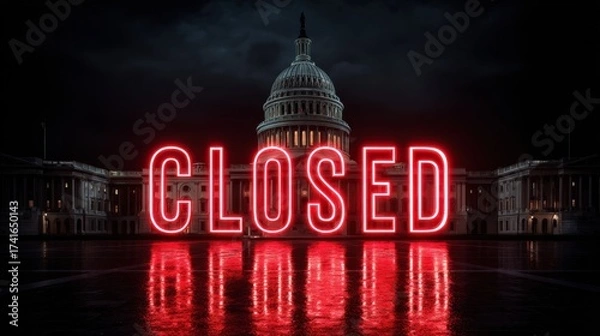 Obraz U.s. capitol building with neon closed sign symbolizing government shutdown and political crisis