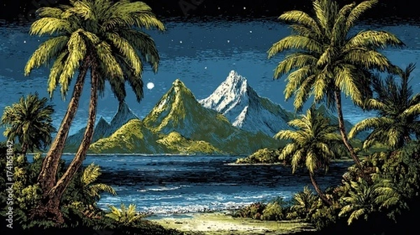 Obraz Tropical island at night, mountains, palm trees, water, pixel art