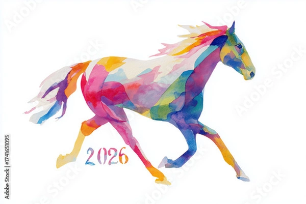 Obraz 馬の水彩イラスト(2026のテキスト入り)、干支、午年、年賀状