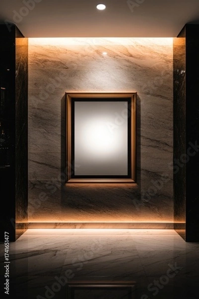 Fototapeta Empty gold frame on marble wall with subtle lighting in elegant interior