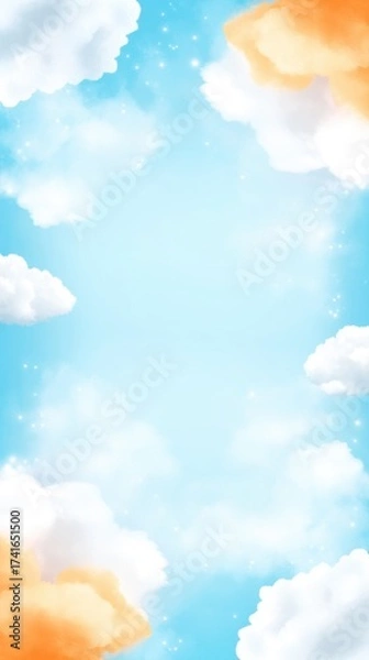 Fototapeta Dreamy sky background with fluffy white and orange clouds on a sunny day