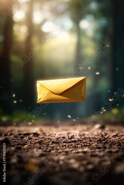 Fototapeta Mysterious yellow envelope floating in enchanted forest