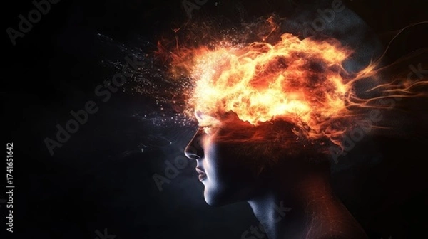 Fototapeta Surreal portrait of a young female with fiery mind explosion visualization