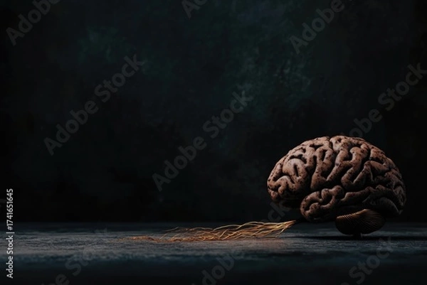 Fototapeta Dark abstract scene of human brain with glowing neural pathways on wooden platform