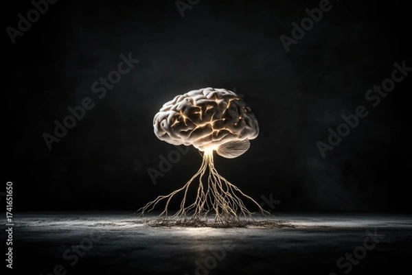 Fototapeta Innovative brain with glowing roots on dark background symbolizing knowledge and growth