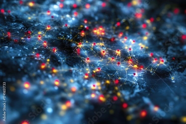 Fototapeta Futuristic network connections with glowing nodes and digital data mapping
