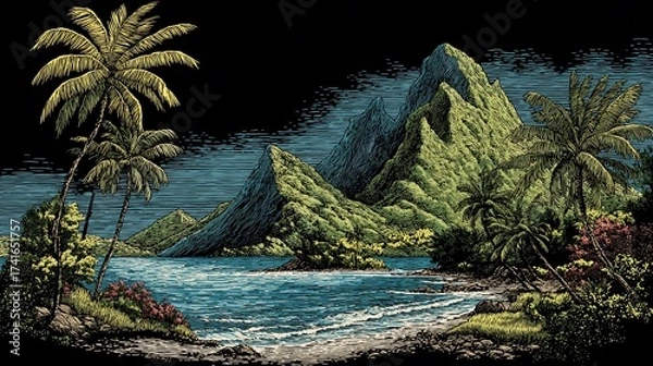 Obraz Tropical island with mountains, beach, palm trees, dark sky, linocut style