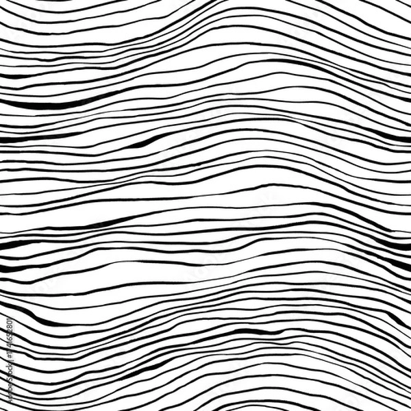 Fototapeta Hand drawn seamless black and white pattern with abstract wavy lines like a child's drawing, waves textile texture and tile motif, mixed media design for fabric, wallpaper, wrapping paper, fashion